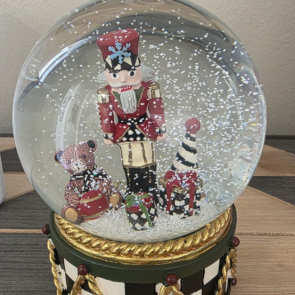 MacKenzie Childs Festive Nutcracker and Bear Snow Globe